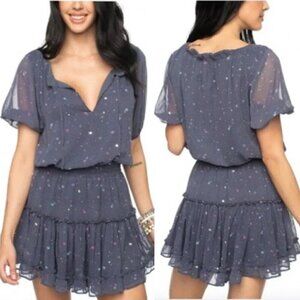 Buddy Love Gray Glitter Galaxy Printed Ray Elastic Waist Mini Dress